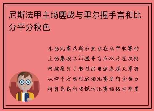 尼斯法甲主场鏖战与里尔握手言和比分平分秋色